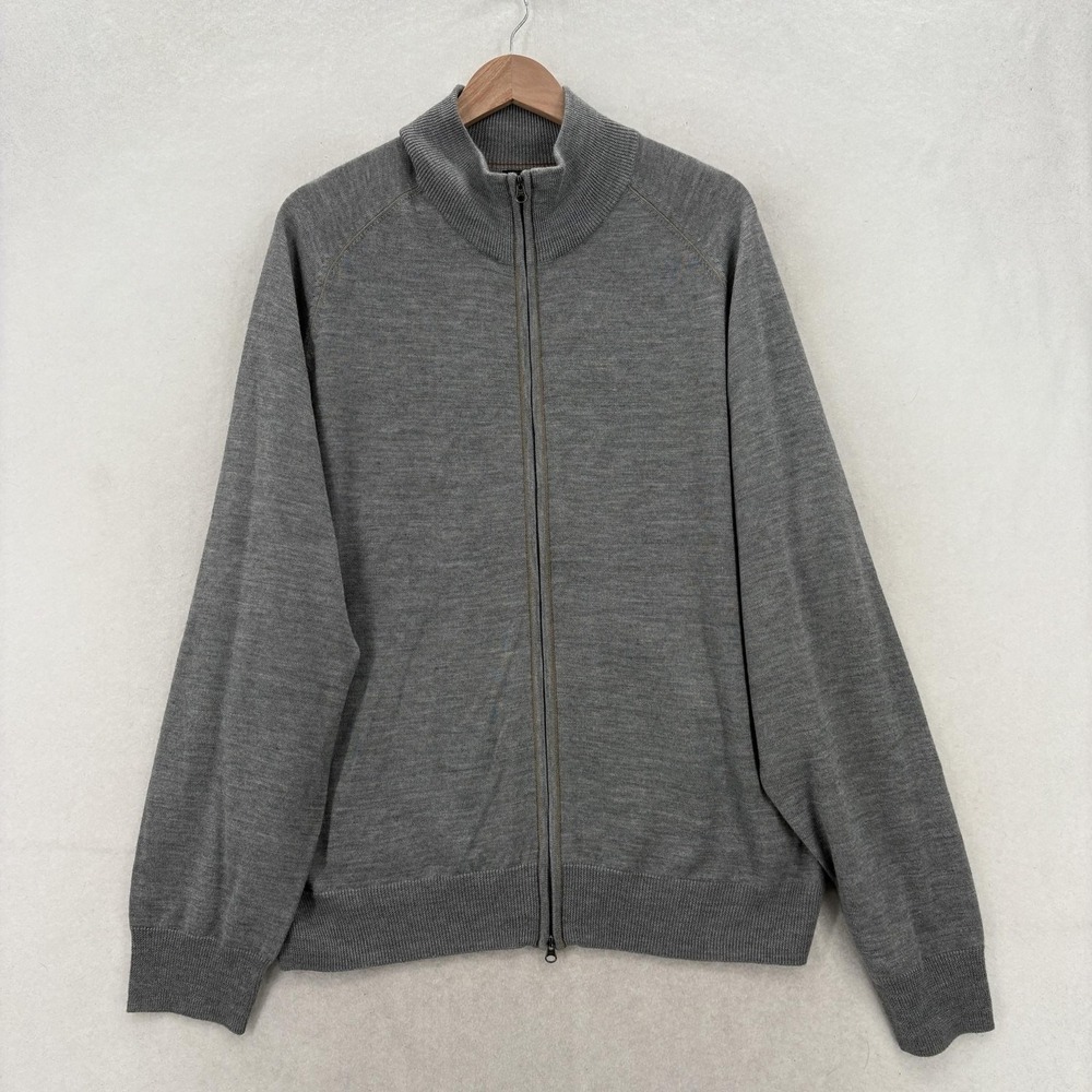 Jos. A. Bank Full Zip Sweater Mens 2XL Gray Merino Wool Mock Neck Knit Casual